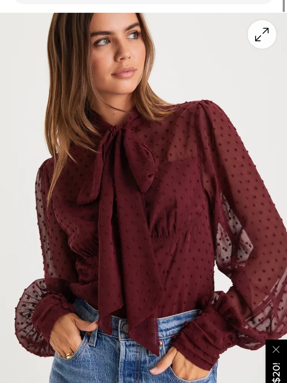 Lulu's Burgundy Sheer Swiss Dot Bow Blouse